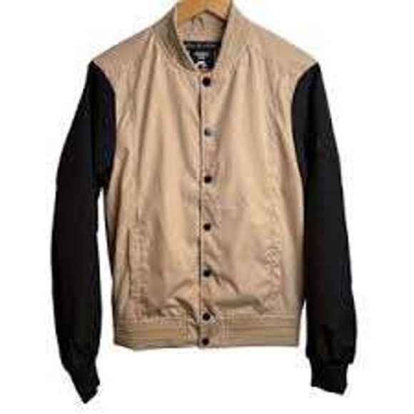 Fried Denim Other - Fried Denim NYC Mens Small Tan Black Colorblock Varsity Bomber Jacket Snap Front